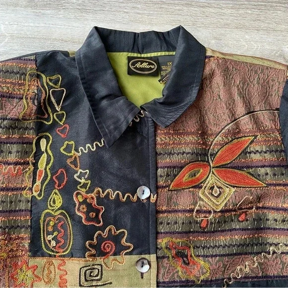 Allure Multicolor Patchwork Button-Front Jacket - Black, Olive, Rust - Picture 6 of 16